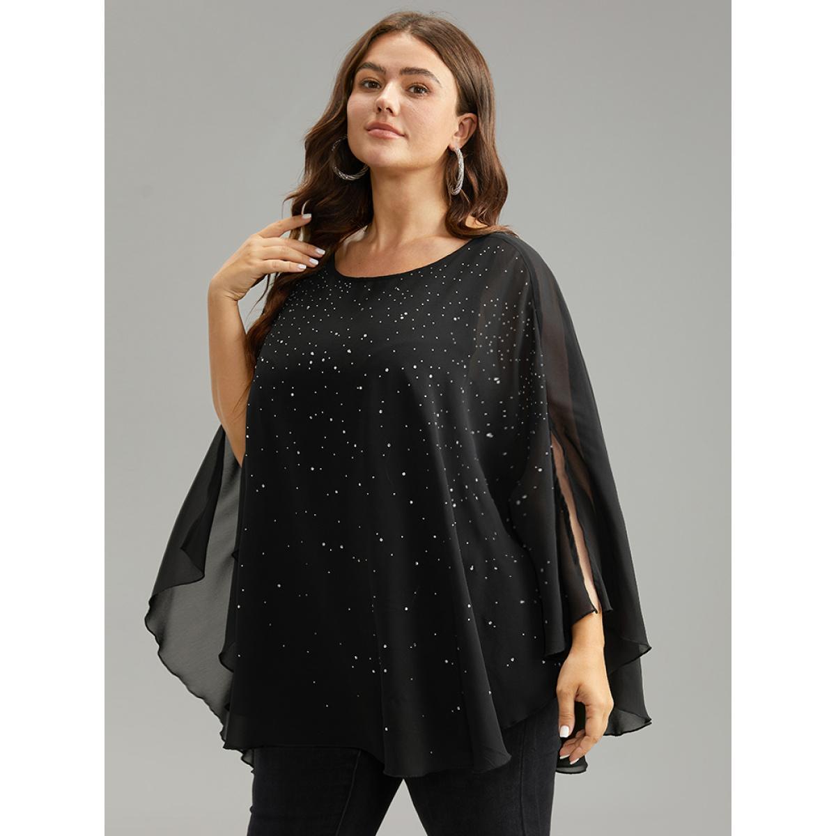 Plus Size Black Chiffon Rhinestone Split Dolman Sleeve Blouse Women Cocktail Elbow-length sleeve Round Neck Party Blouses BloomChic 12/L Product Image