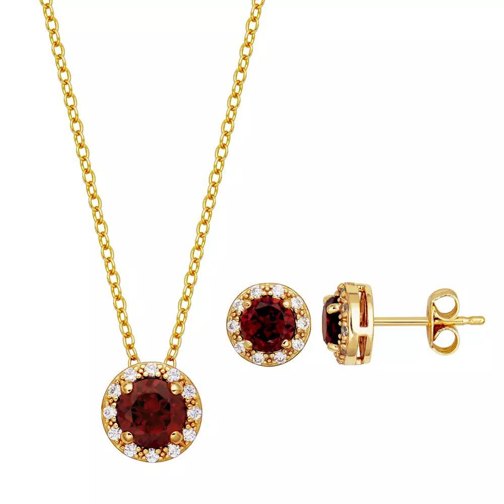 18k Gold Over Silver Garnet & Cubic Zirconia Halo Pendant Necklace & Stud Earrings Set, Women's, Gold Tone Product Image