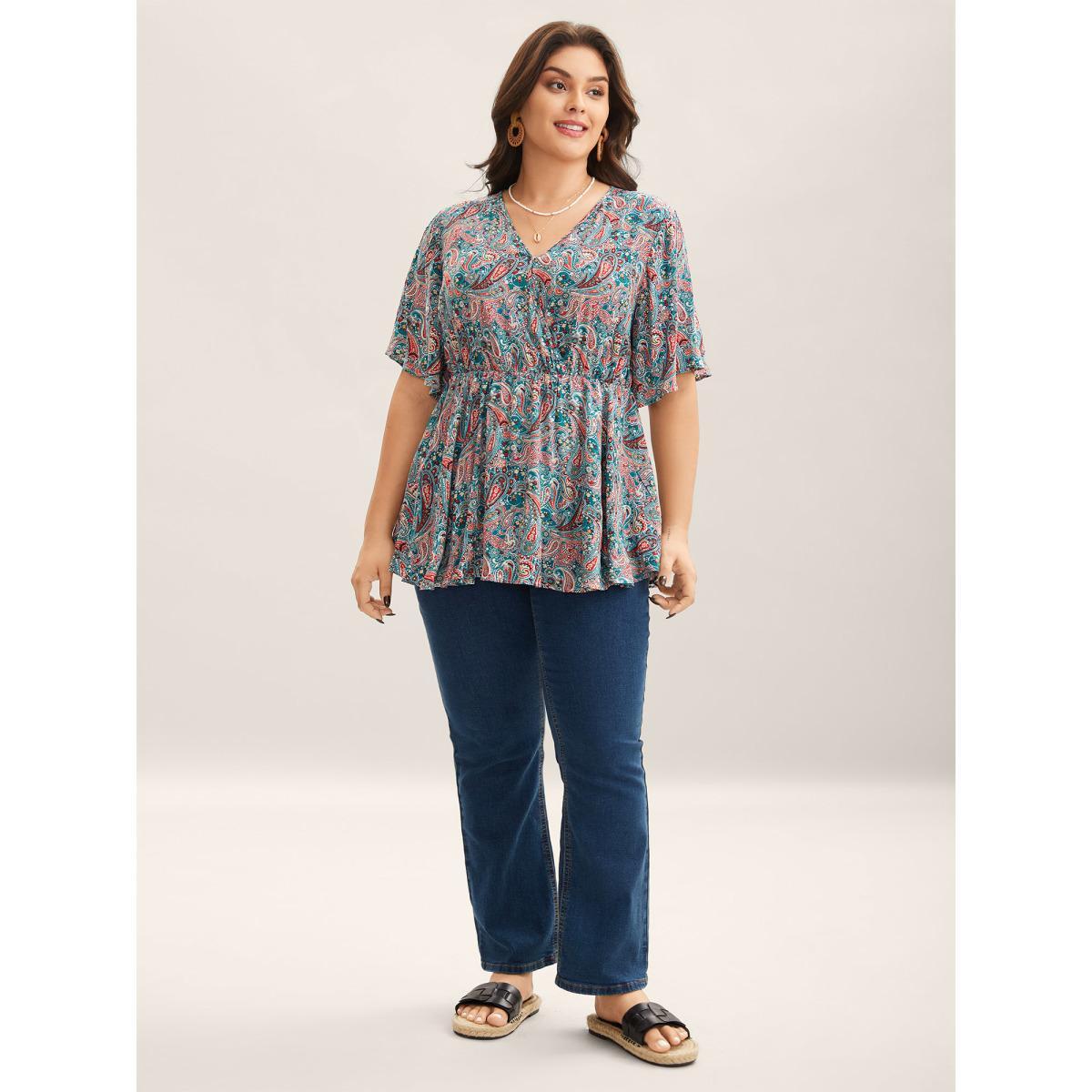 Plus Size DarkGreen Paisley Print V-Neck Flared Sleeve Blouse Women Half Sleeve V-neck Vacation Blouses BloomChic 30/6X Product Image