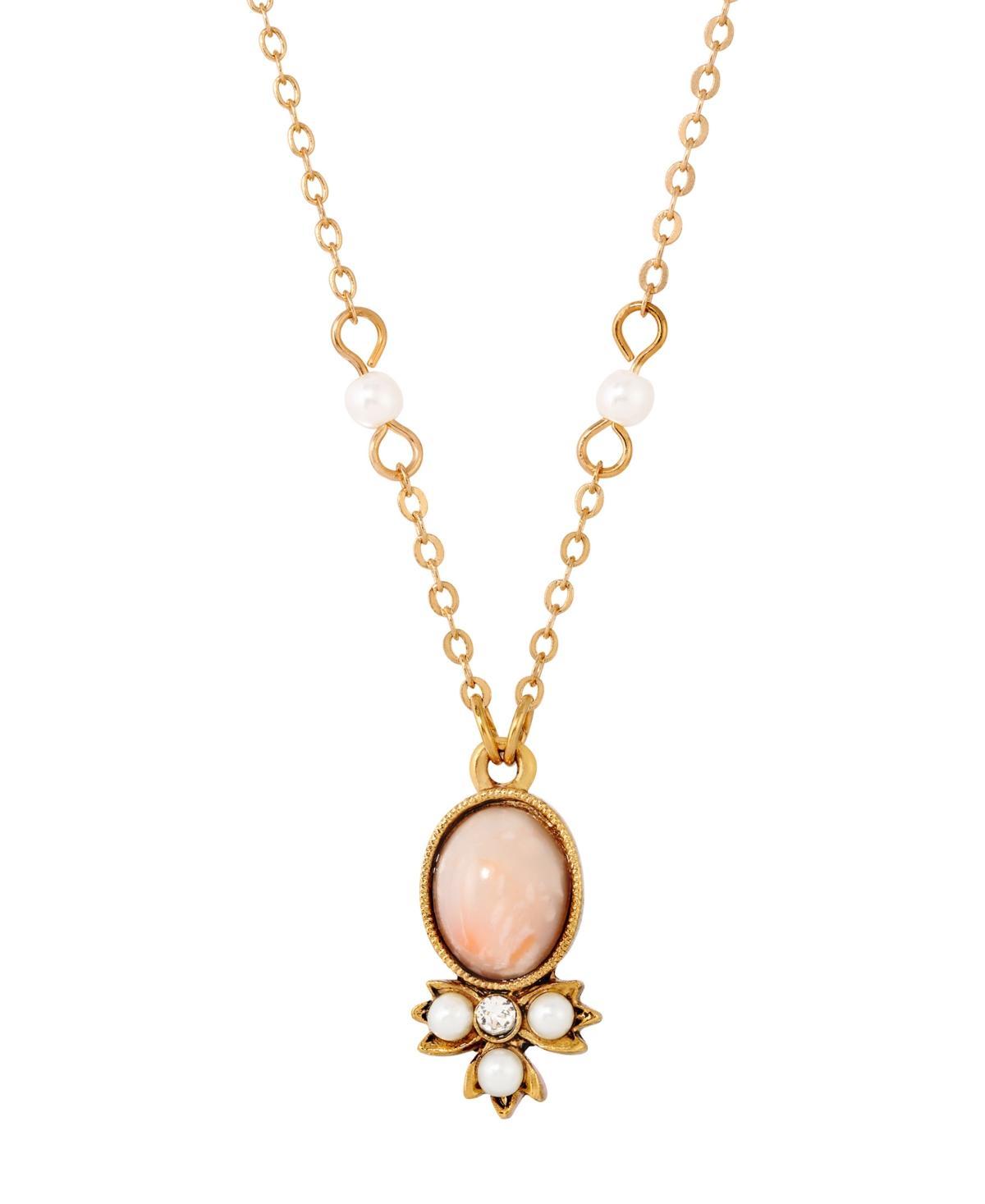 1928 Gold Tone Peach Color Simulated Pearl and Crystal Drop Necklace, Women's, White Product Image