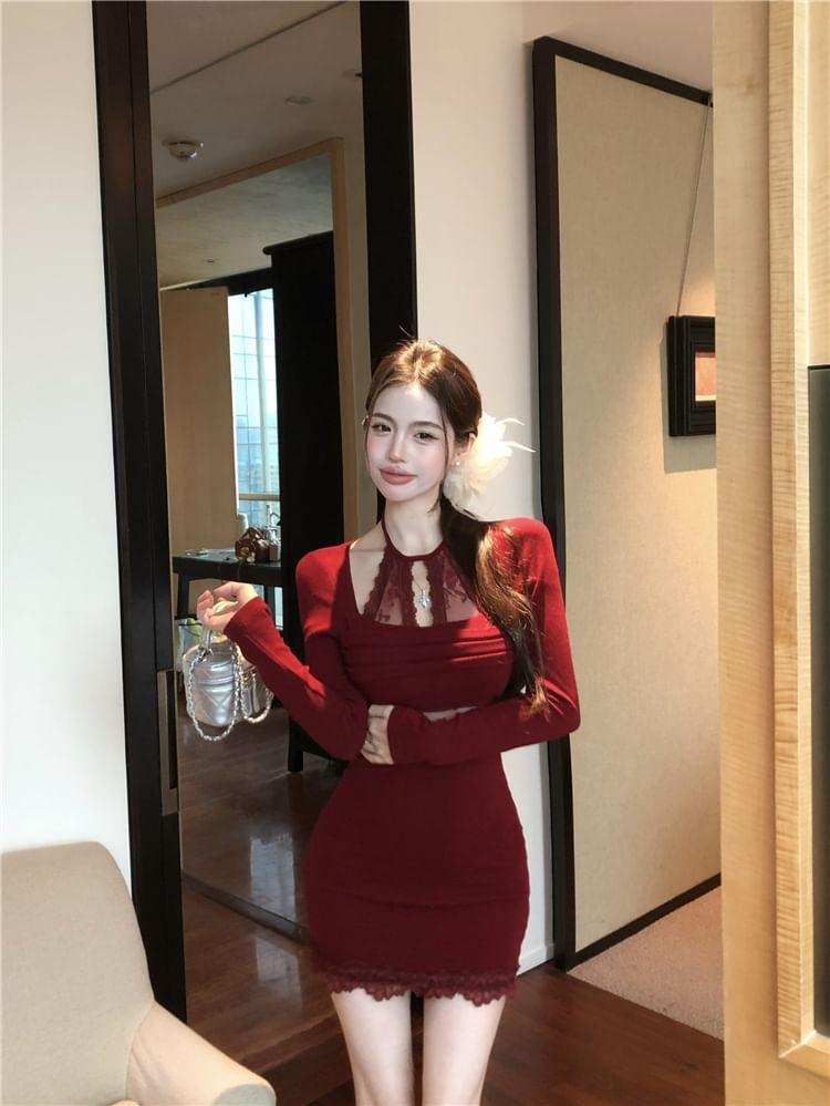 Long Sleeve Halter Plain Cutout Panel Lace Mini Sheath Dress Product Image