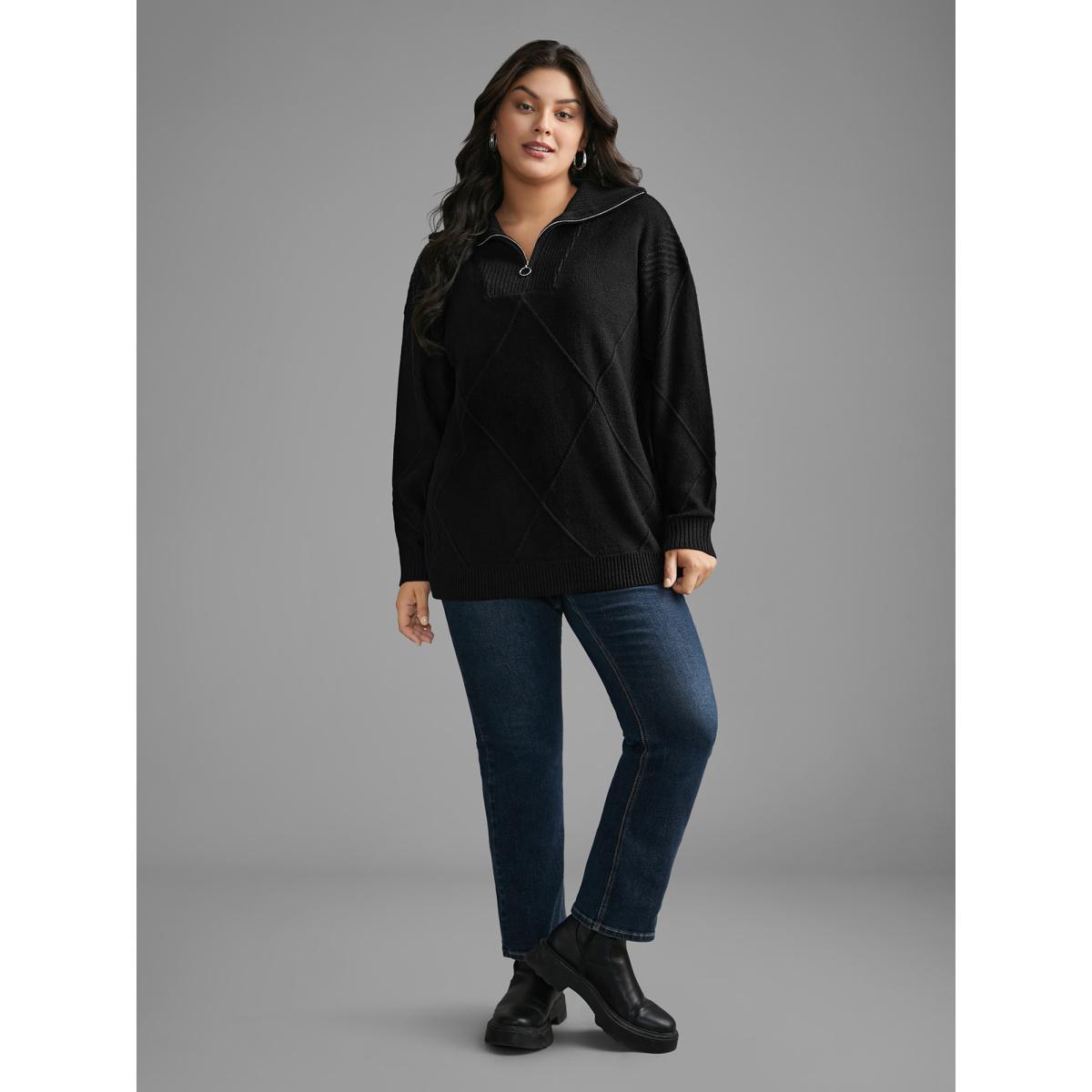 Plus Size Texture Half Zip Drop Shoulder Pullover Black Women Casual Loose Long Sleeve Polo Everyday Pullovers BloomChic 22-24/3X Product Image
