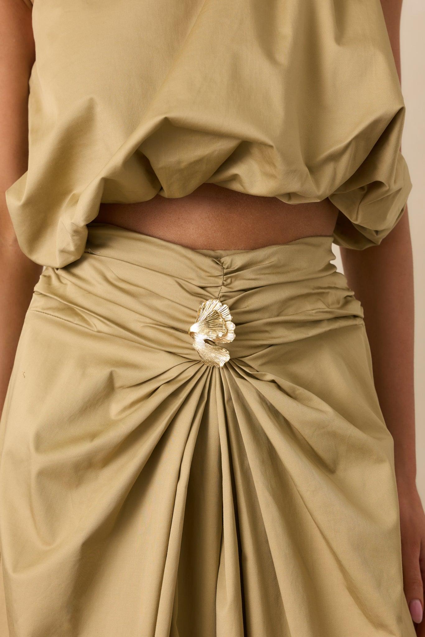 Get My Good Side Tan Ruched Drape Maxi Skirt Product Image