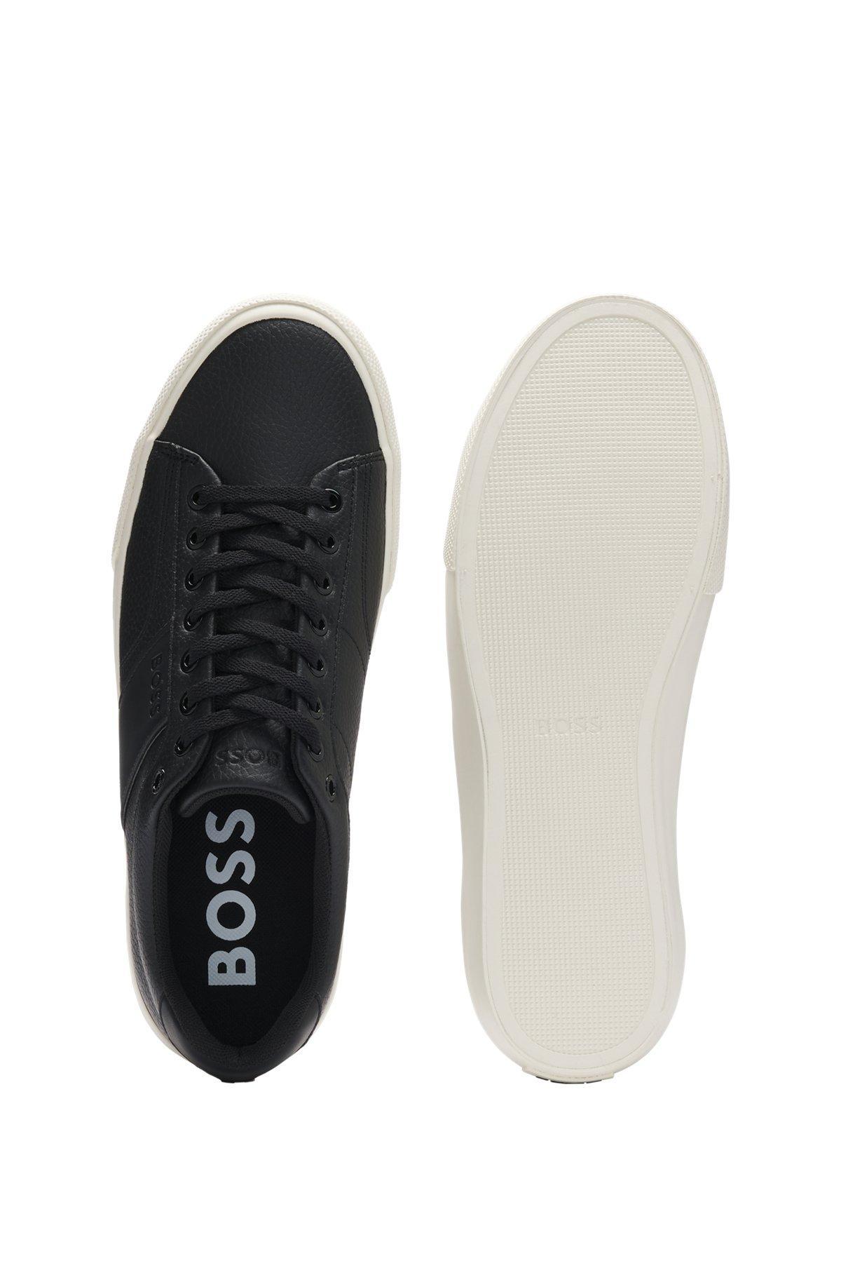 Faux-leather trainers with plain and grained textures Product Image