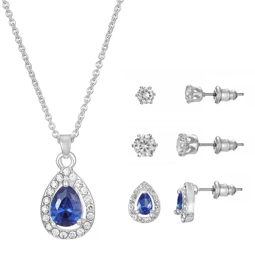 Primavera Silver Plated Blue Cubic Zirconia Teardrop Halo Pendant & Earring Trio Set, Womens Silver Tone Product Image