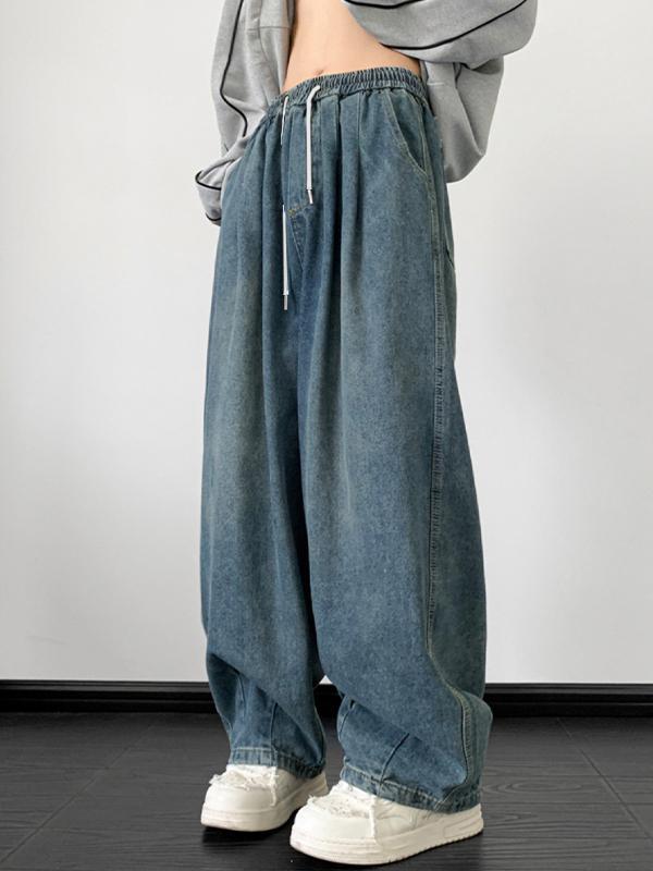Men's Vintage Wash Drawstring Loose Jeans Product Image