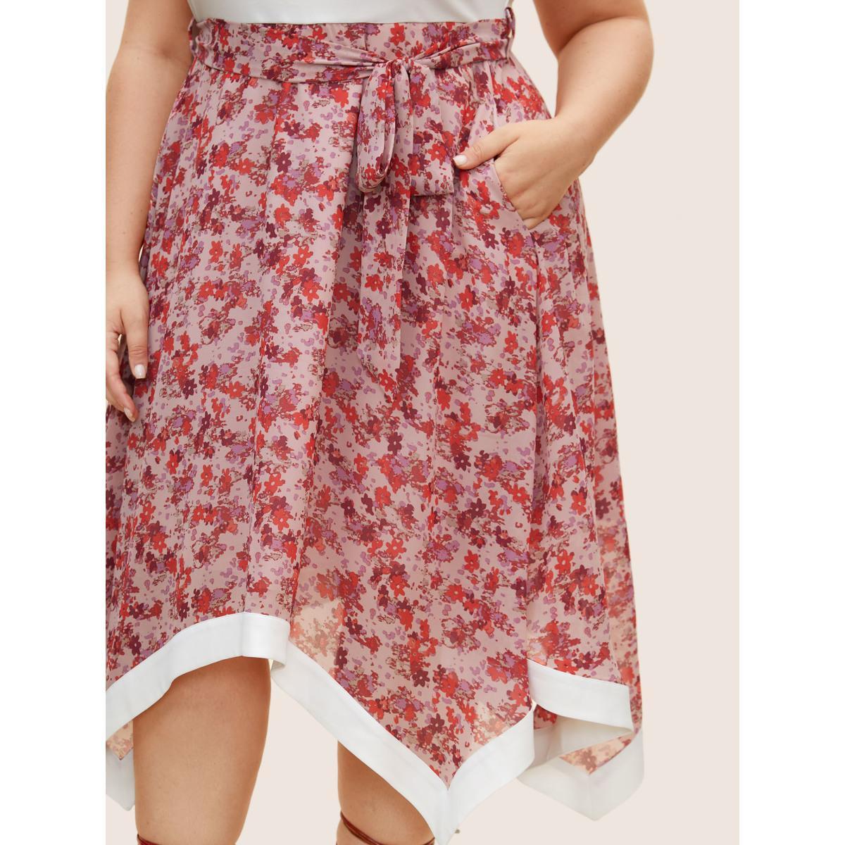 Plus Size Ditsy Floral Patchwork Hanky Hem Midi Dress Lightpink Women Elegant Belted Round Neck Sleeveless Curvy BloomChic 22-24/3X Product Image