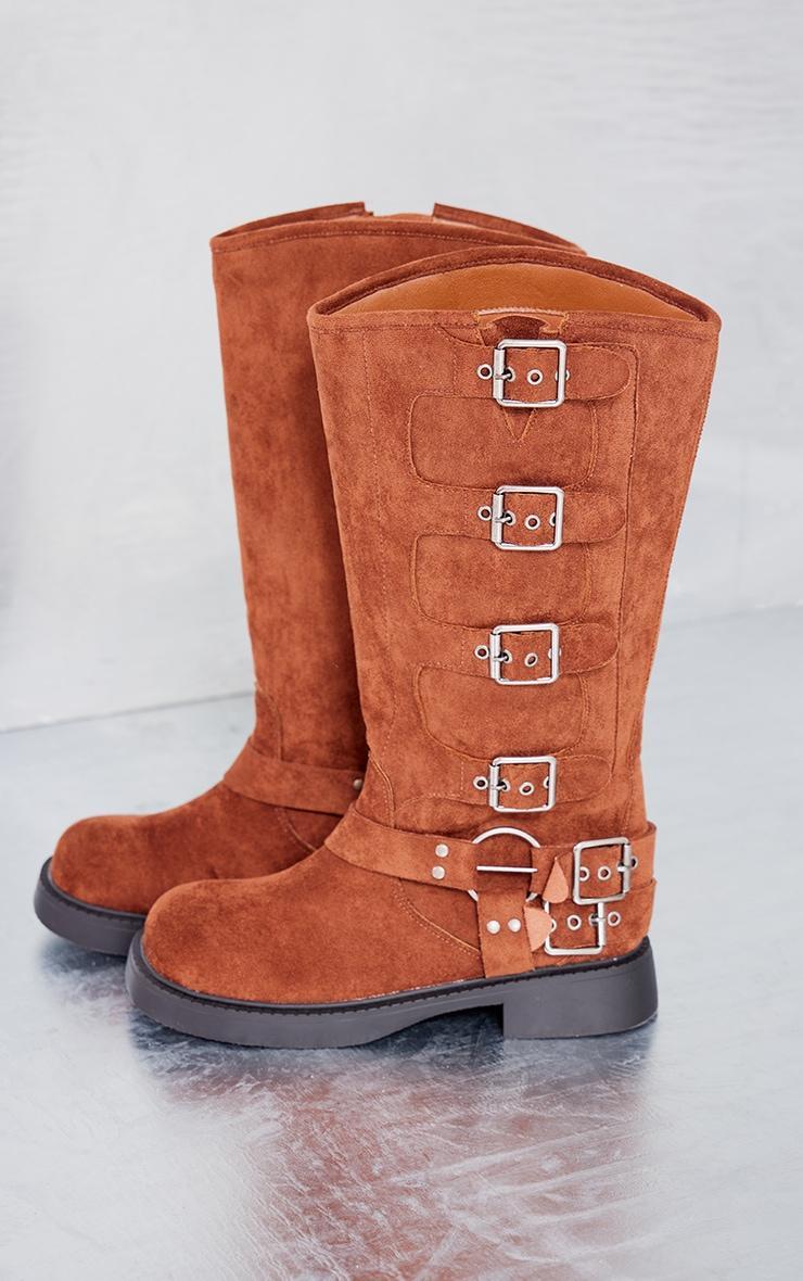 Chocolate Faux Suede Square Toe Brushed Buckle Knee Boots Product Image