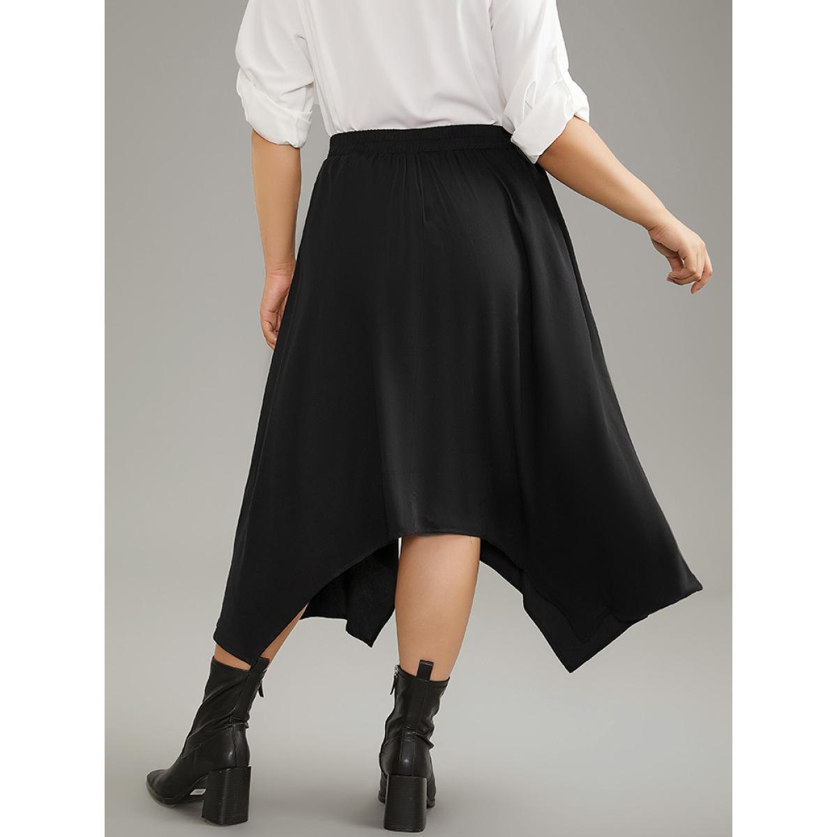 Plus Size Solid Rayon Elastic Waist Pocket Hanky Hem Skirt Women Black Office Plain No stretch Pocket Work Skirts BloomChic 10/M Product Image