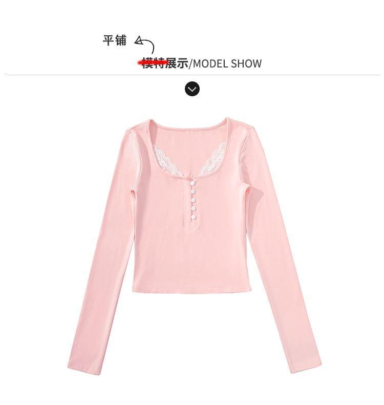 Lace-Trim U-Neck Crop T-Shirt Product Image