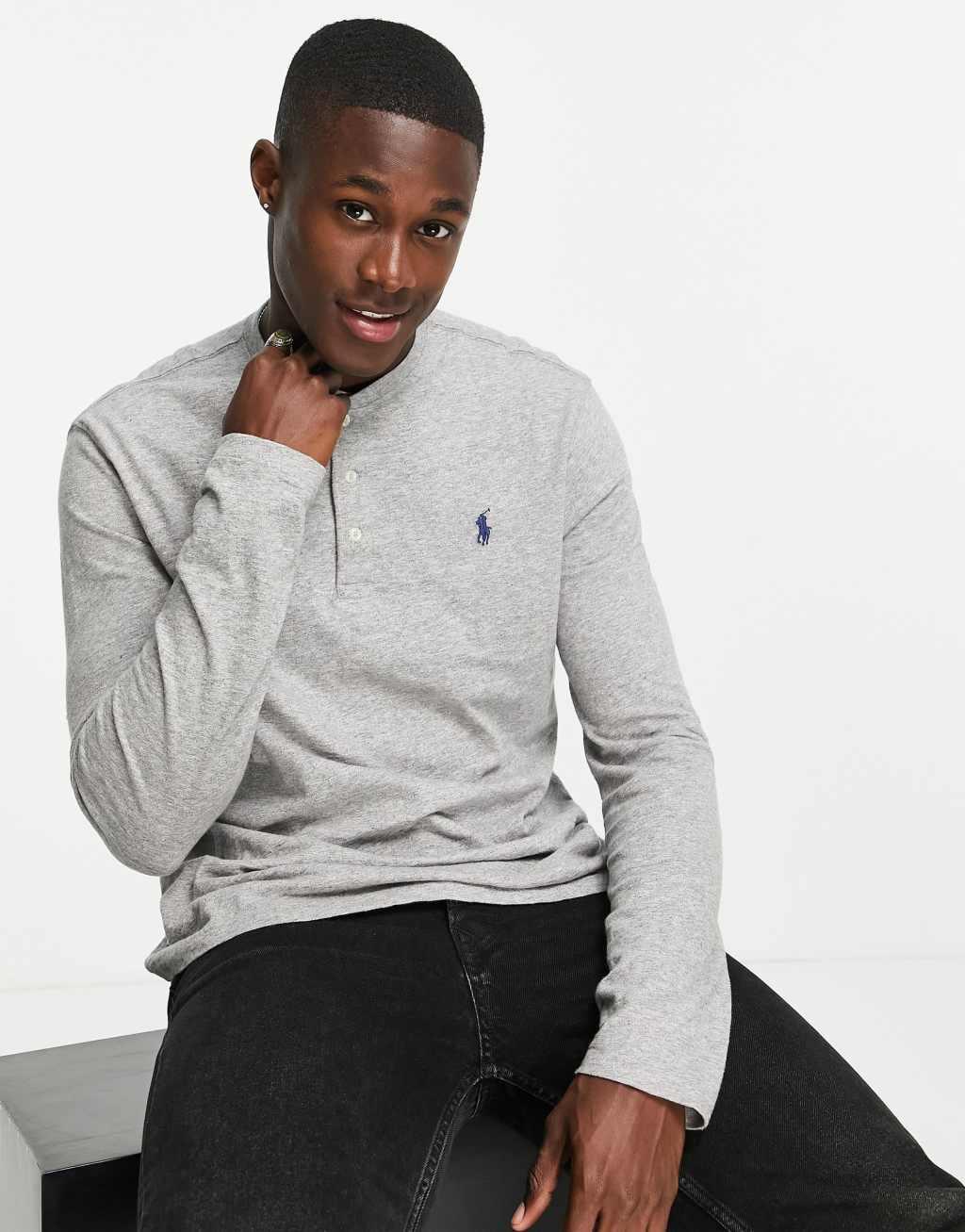 Polo Ralph Lauren icon logo henley long sleeve top in dark vintage heather gray Product Image