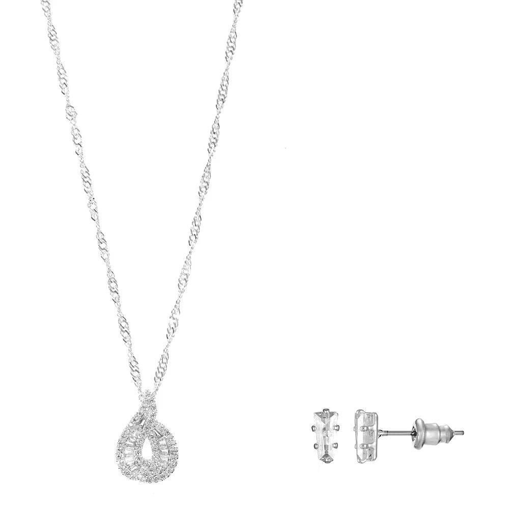 Silver Tone Cubic Zirconia Necklace & Stud Earrings Set, Women's, Size: 18+3" Product Image
