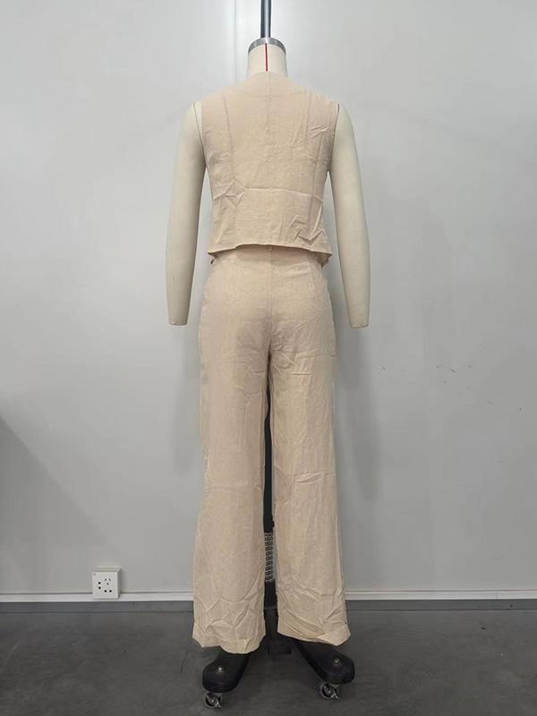 Loose Sleeveless Buttoned Solid Color V-Neck Vest Top + Split-Joint Pleated Pockets Pants Bottom Two Pieces Set Product Image