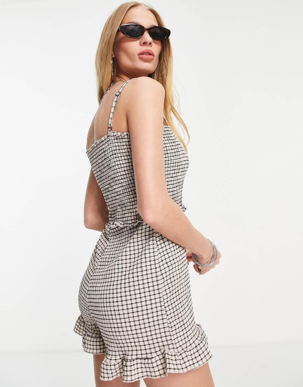 Topshop plaid shirred frill romper in gingham Product Image