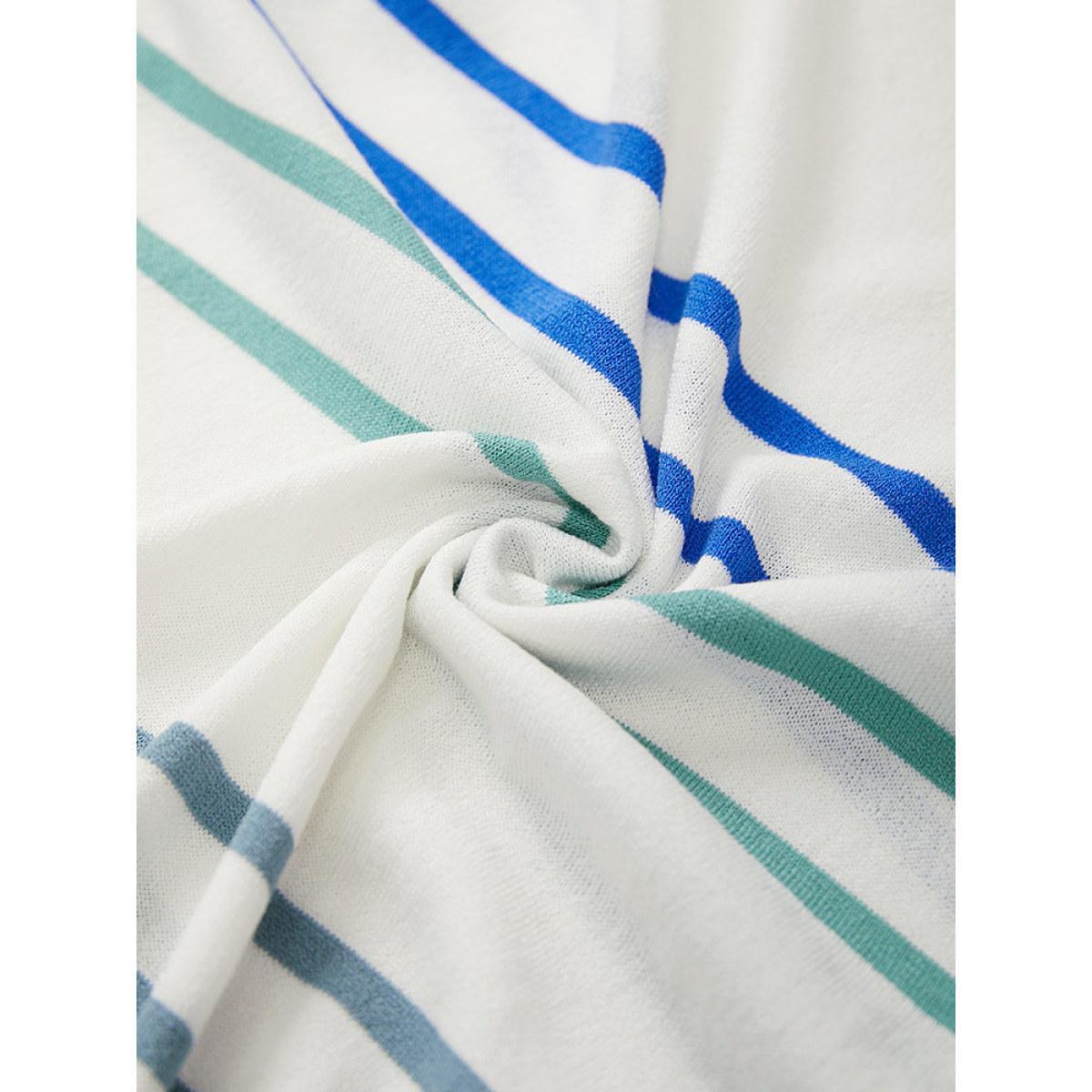 Plus Size Striped V Neck Split Hem Pullover White Women Casual Loose Long Sleeve V-neck Everyday Pullovers BloomChic 22-24/3X Product Image