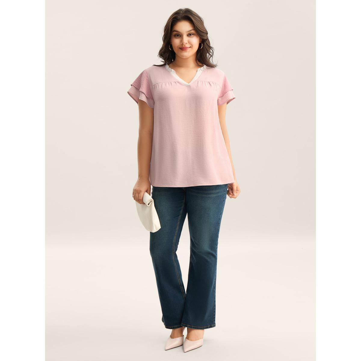 Plus Size Nudepink Color Contrast Ruffled Notched Collar Blouse Women Short sleeve Notched collar Everyday-Elegant Blouses BloomChic 12/L Product Image