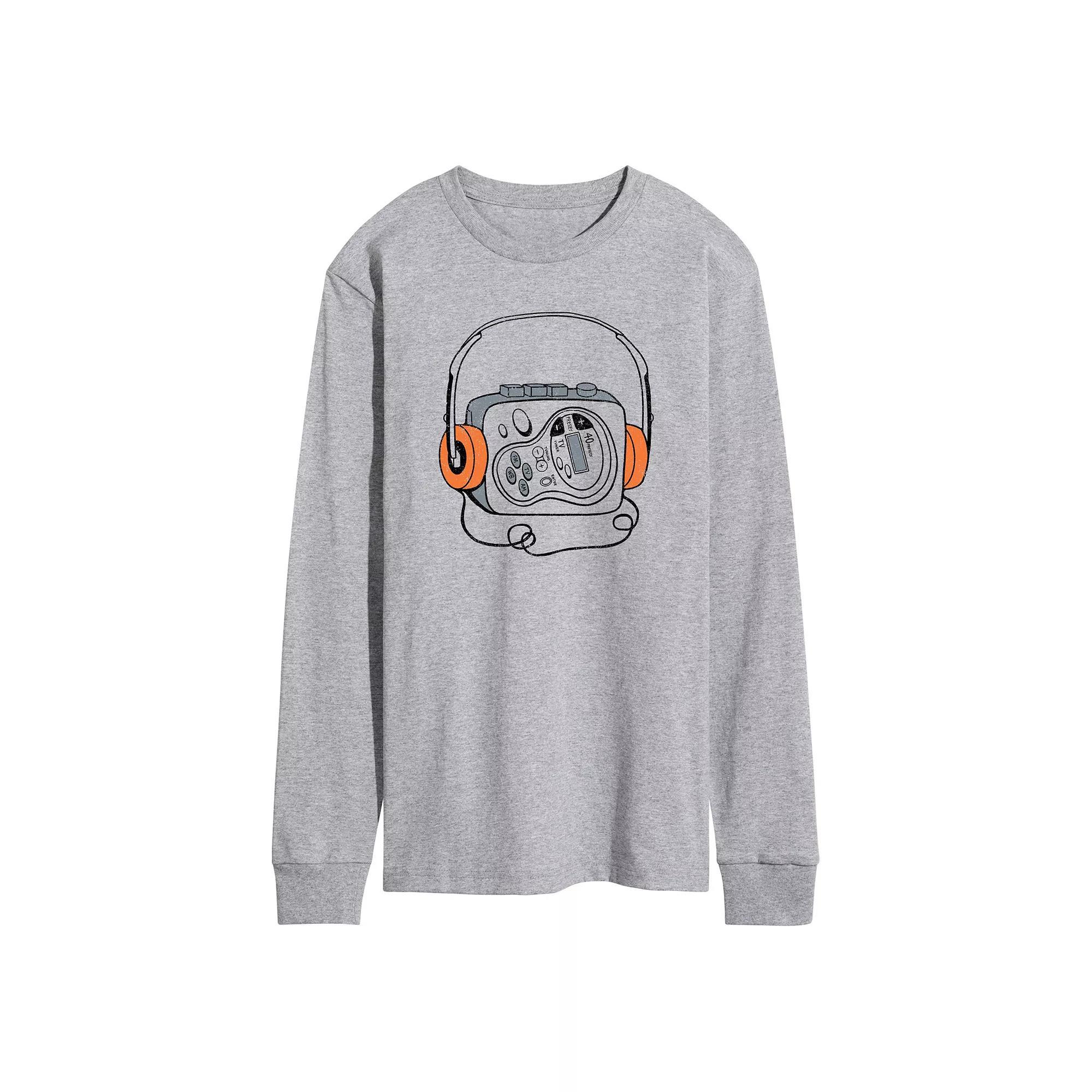 Mens Retro Cassette Player Long Sleeve Graphic Tee Grey Gray Product Image
