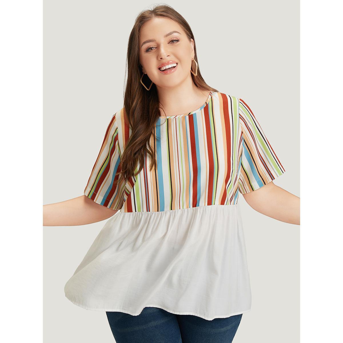 Plus Size Multicolor Rainbow Striped Patchwork Gathered Blouse Women Elegant Short sleeve Round Neck Dailywear Blouses BloomChic 22-24/3X Product Image