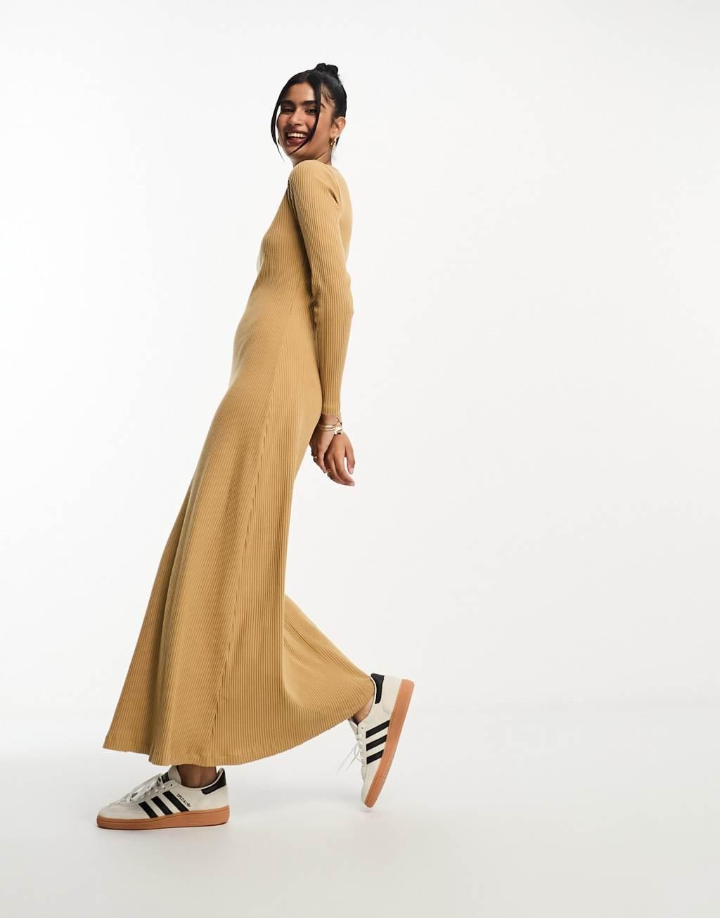 ASOS DESIGN super soft ribbed crew neck midi dress with long sleeve Product Image