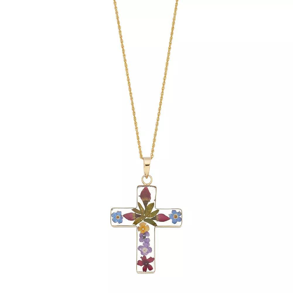 24k Gold Over Silver Pressed Flower Cross Pendant Necklace, Women's, Size: 18", Sterling Product Image