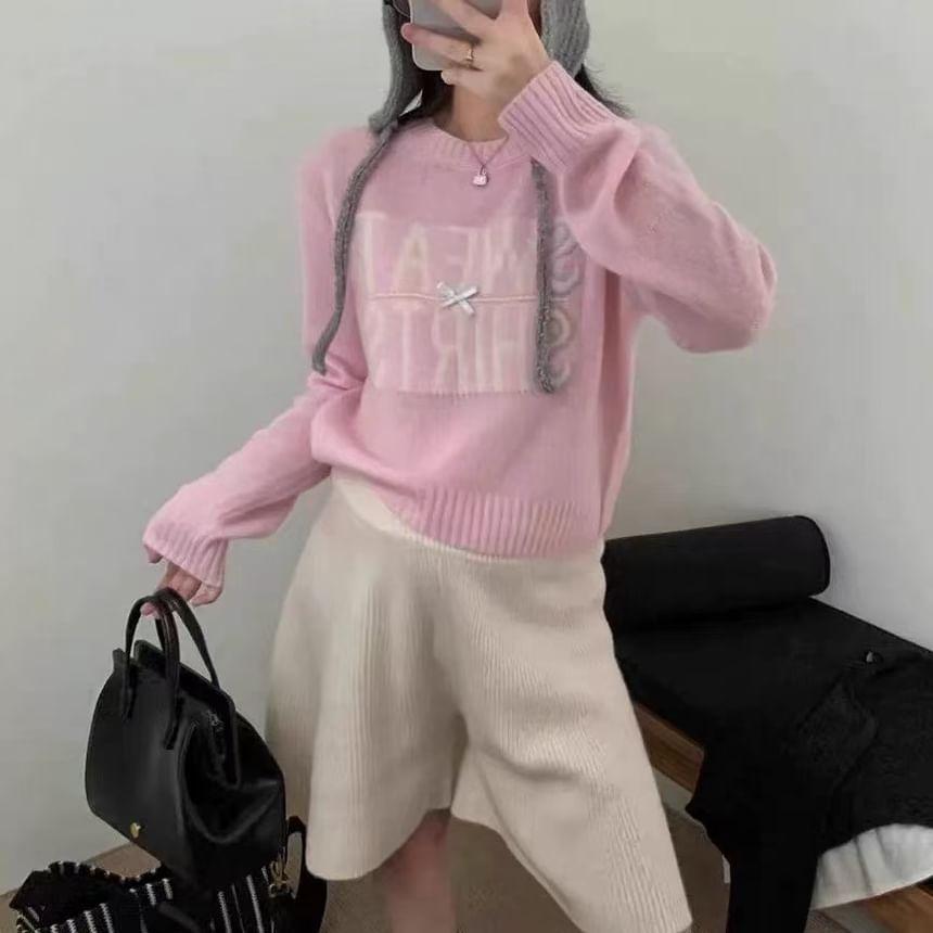 Long-Sleeve Round Neck Lettering Sweater Product Image