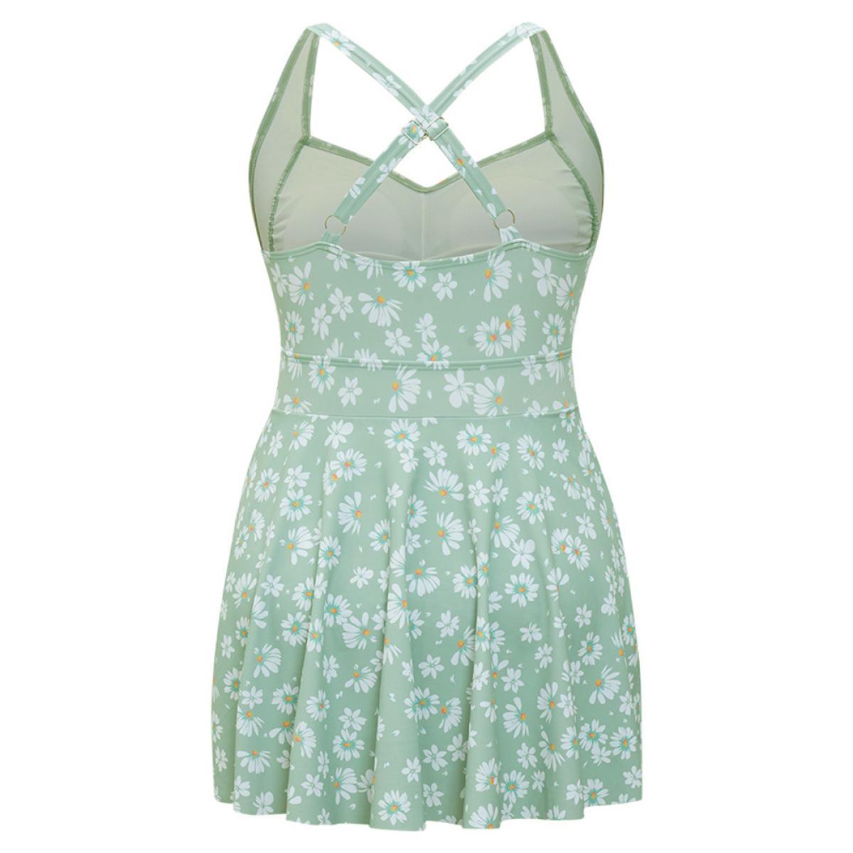 Plus Size Daisy Floral Crossover Flutter Empire Waist Swim Dress Women's Swimwear LightGreen Vacation Bodycon Asymmetrical Neck High stretch Curve Swim Dresses BloomChic 18-20/2X Product Image