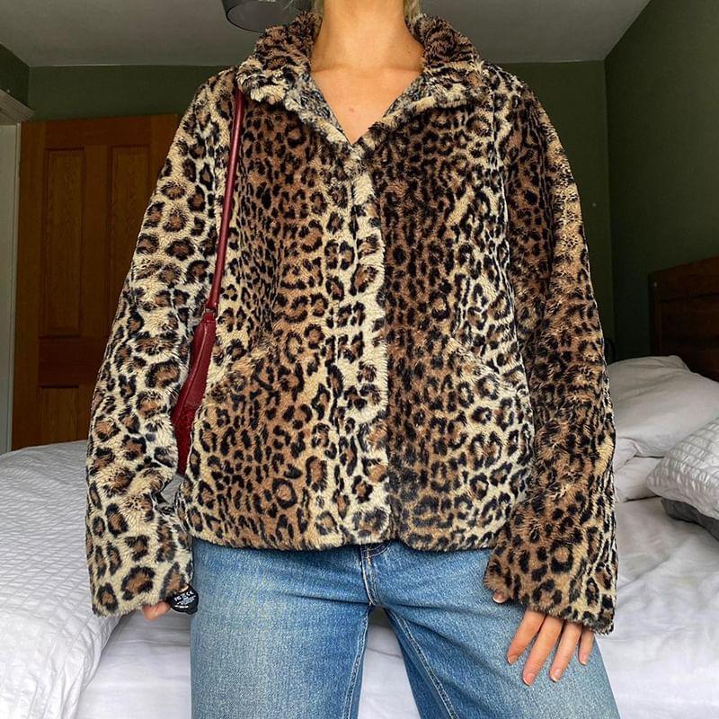 Long Sleeve Leopard Print Furry-Trim Loose-Fit Jacket Product Image