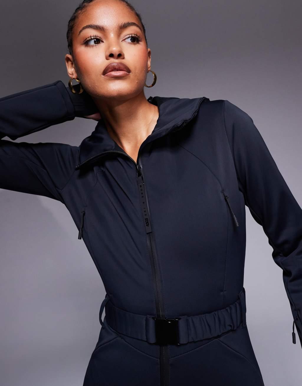 4505 Tall Ski belted ski suit with skinny legs and hood in black  Product Image