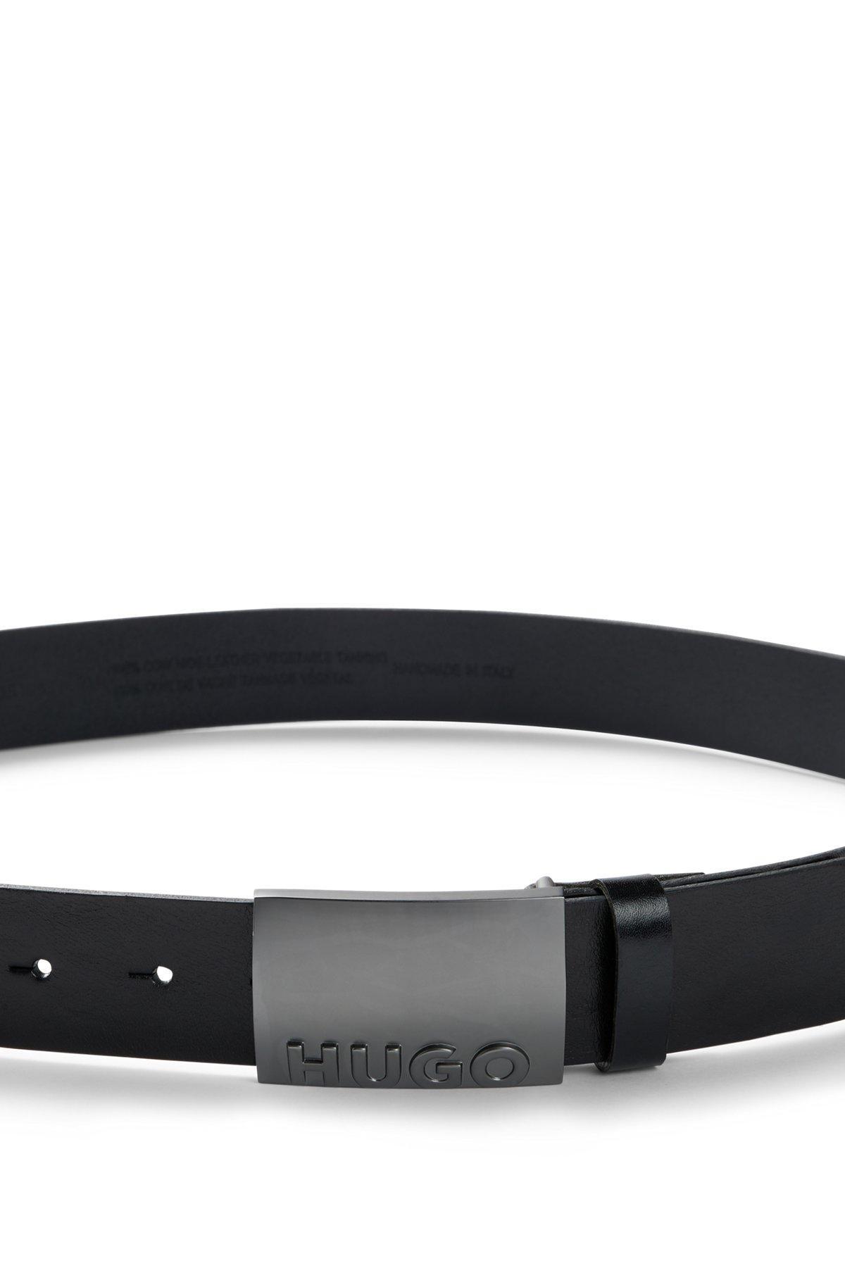 HUGO - Italian-leather belt with plaque buckle - Black Product Image