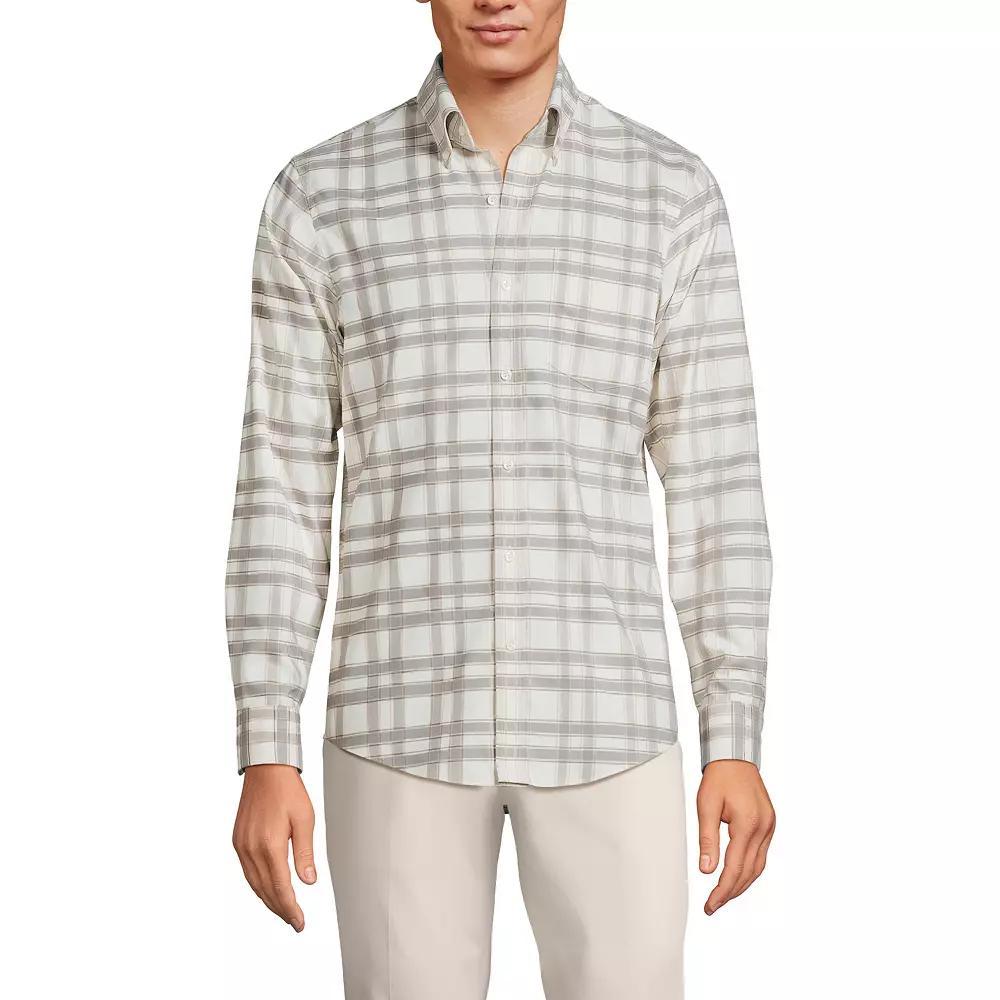 Men's Lands' End Traditional-Fit No-Iron Twill Button-Down Shirt, Size: Large, Gray Stone Ivory Plaid Product Image