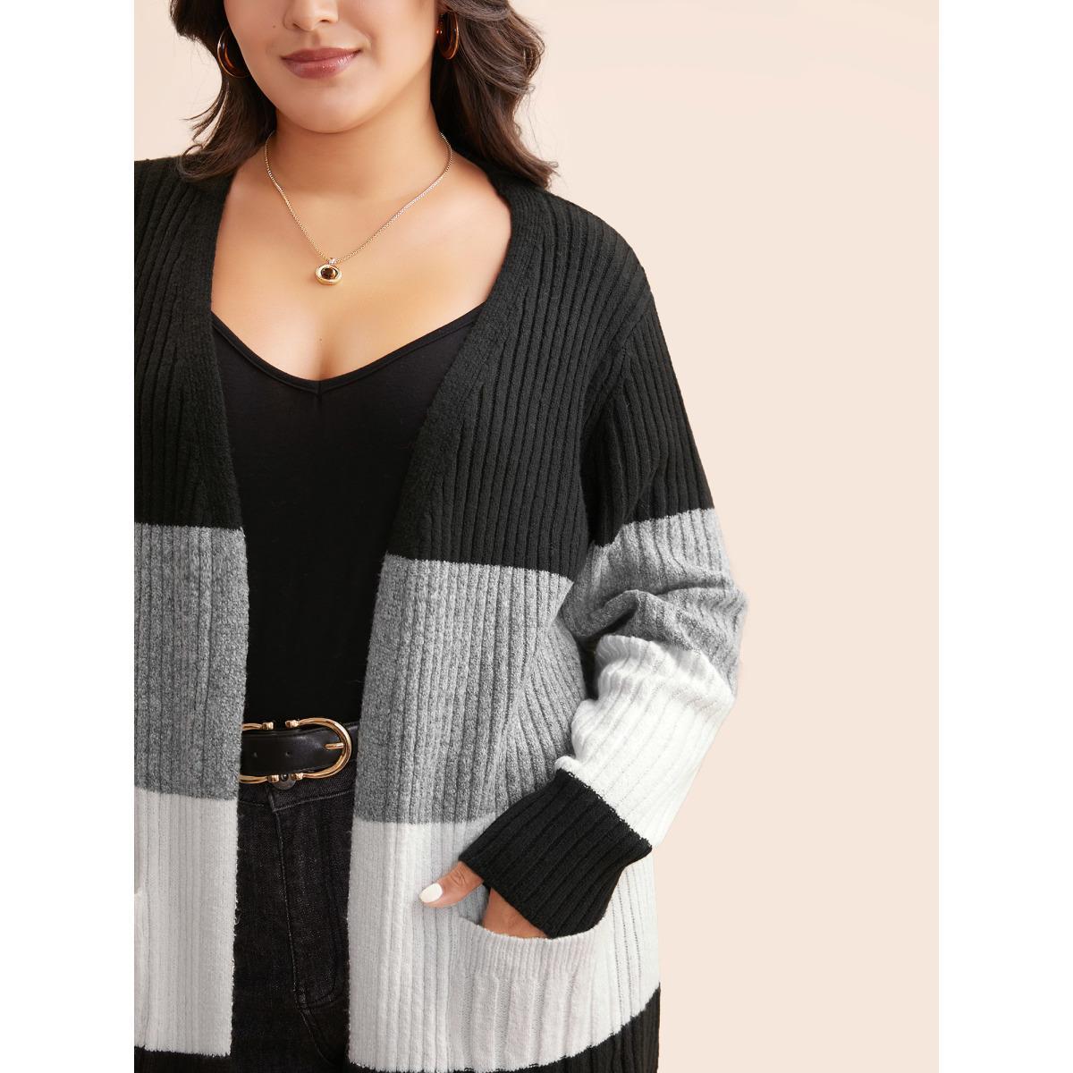 Plus Size Colorblock Contrast Patched Pocket Cardigan Black Women Casual Loose Long Sleeve Everyday Cardigans BloomChic 26/4X Product Image