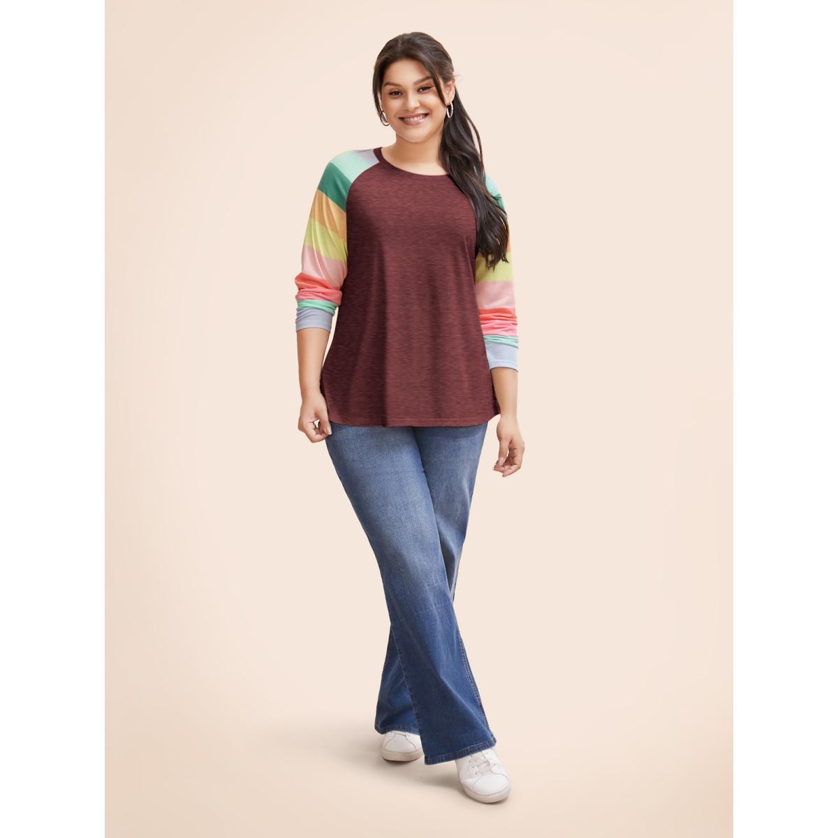 Plus Size Multi-color Striped Sleeves Loose Fit T-shirt Burgundy Women Casual Contrast Round Neck Everyday T-shirts BloomChic 22-24/3X Product Image