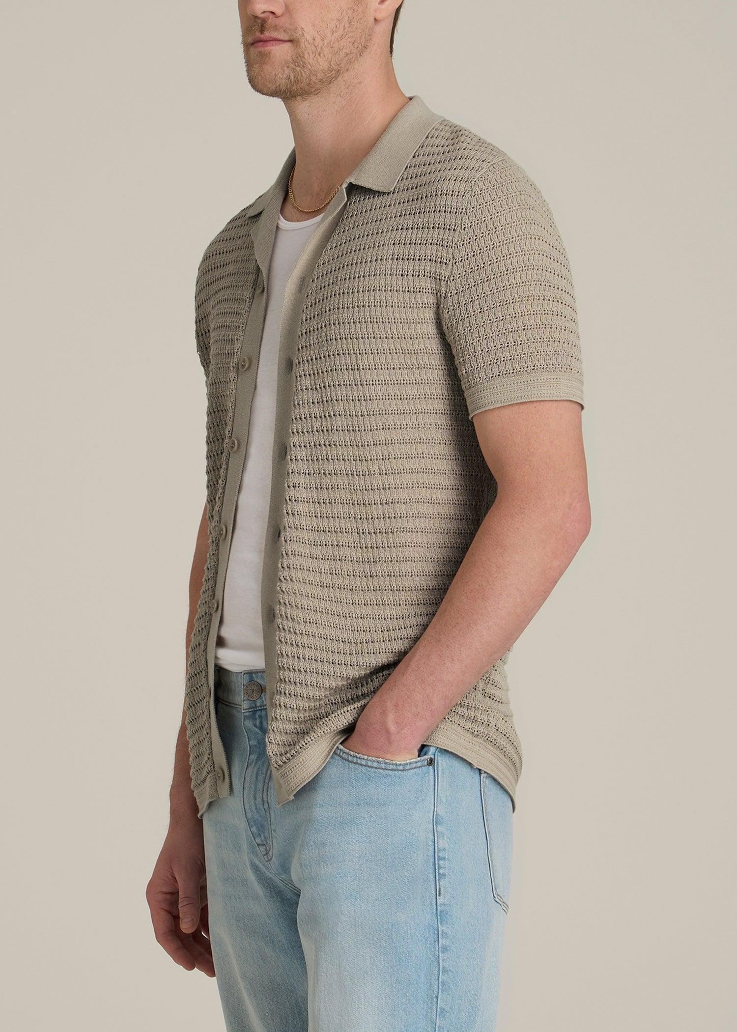 Short Sleeve Crochet Polo Cardigan for Tall Men in Light Khaki Male Product Image