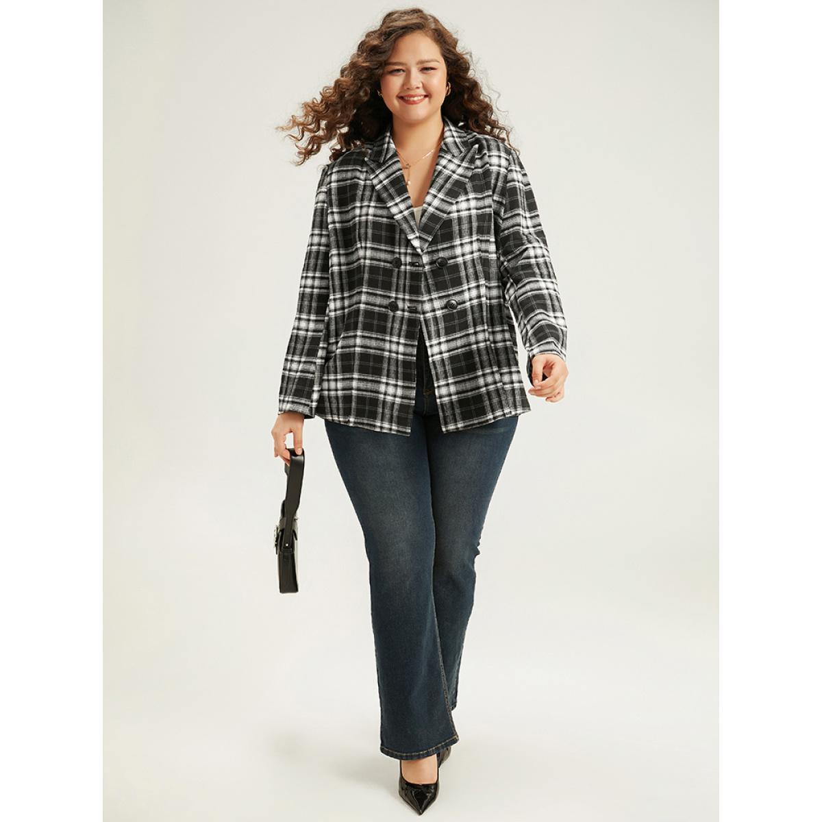 Plus Size Plaid Suit Collar Button Fly Blazer Black Women Work Plaid Contrast Sleeve Long Sleeve Suit Collar 28/5X Office Blazers BloomChic Product Image