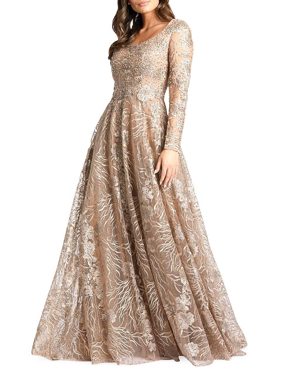 Mac Duggal Long Sleeve Fully Lined Scoop Neck Floral Beaded Gown Product Image
