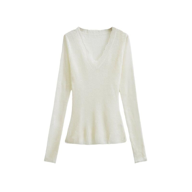 Long-Sleeve V-Neck Plain Sheer Knit Top Product Image