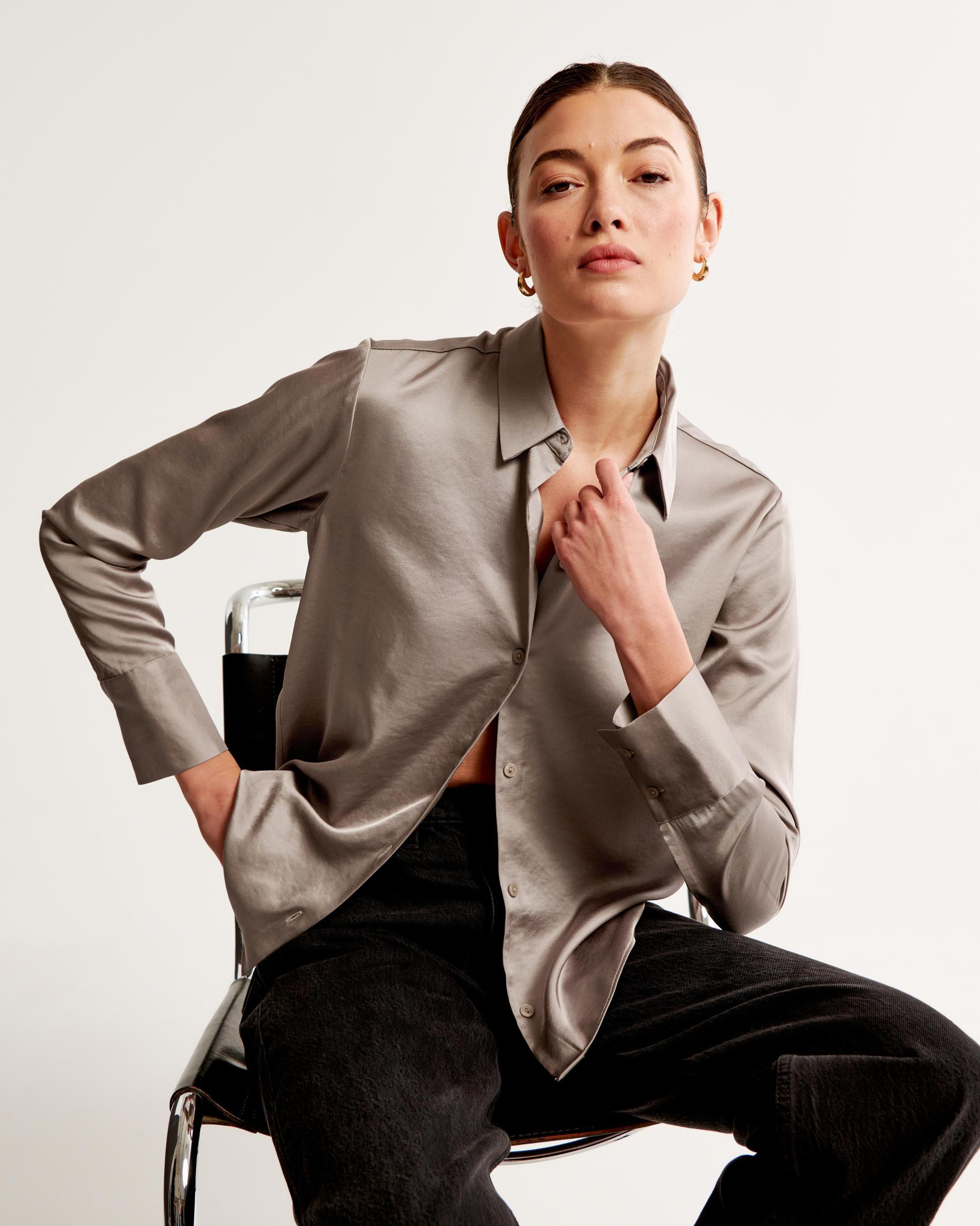 Long-Sleeve Satin Button-Up Shirt Product Image