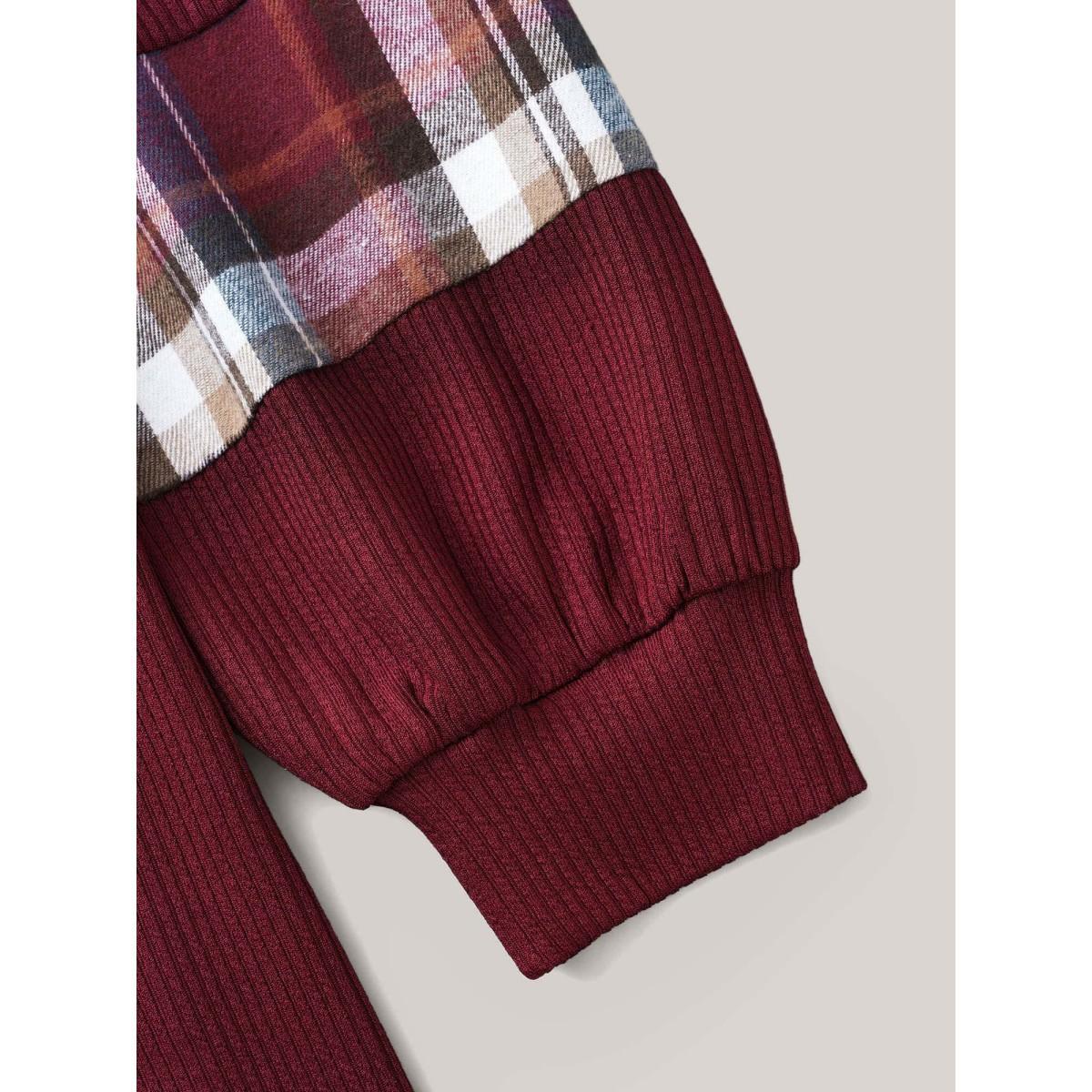 Plus Size Plaid Patchwork Raglan Sleeve Sweatshirt Women Burgundy Casual Texture Round Neck Everyday Sweatshirts BloomChic 30/6X Product Image
