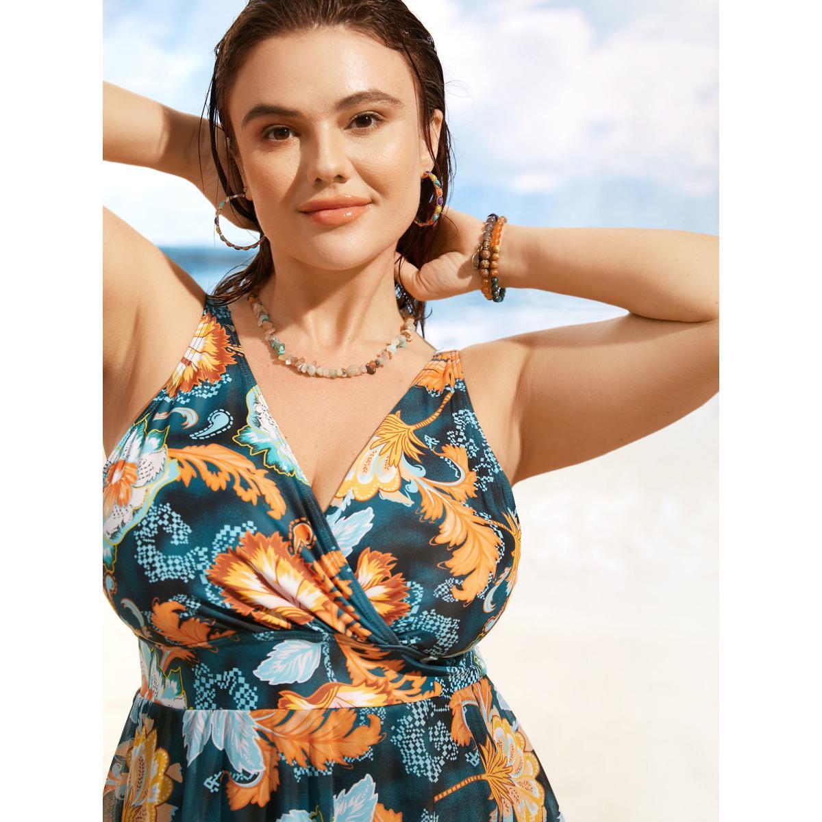 Plus Size Overlap Collar Contrast Floral Mesh Swim Dress Women's Swimwear Cyan Beach Bodycon Overlap Collar High stretch Curve Swim Dresses BloomChic 30/6X Product Image