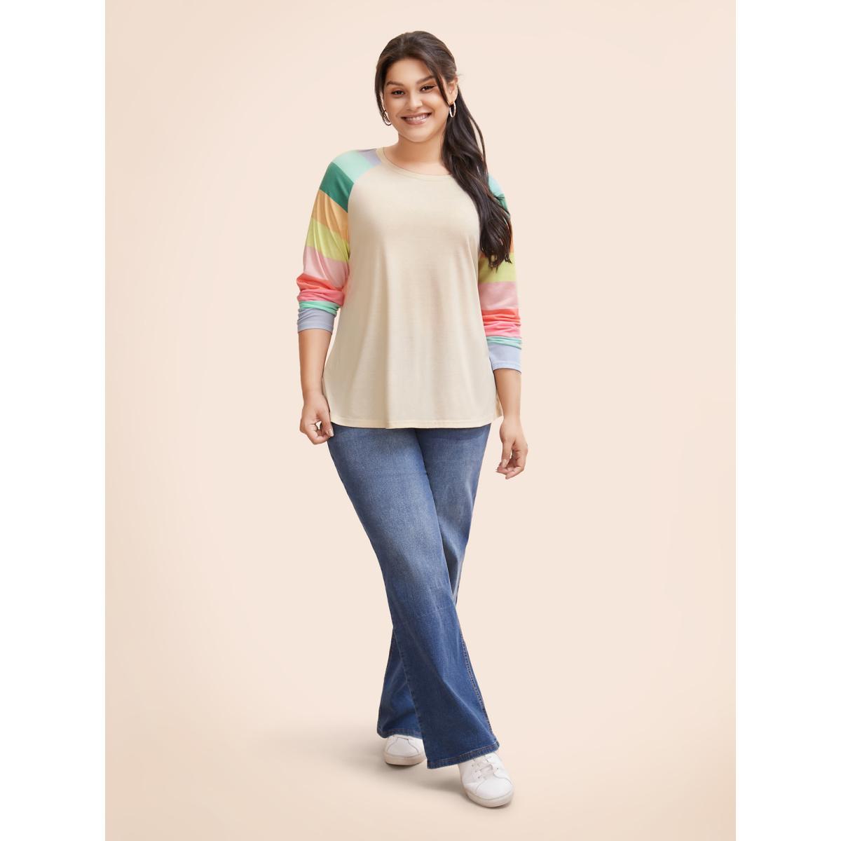 Plus Size Multi-color Striped Sleeves Loose Fit T-shirt Beige Women Casual Contrast Round Neck Everyday T-shirts BloomChic 18-20/2X Product Image