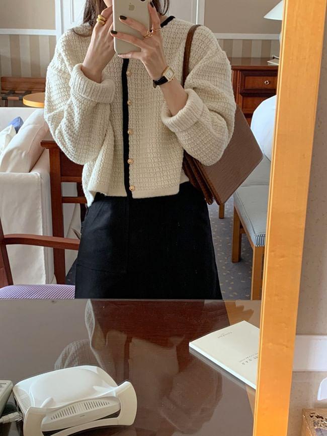 Crew Neck Button-Up Crop Cardigan Product Image