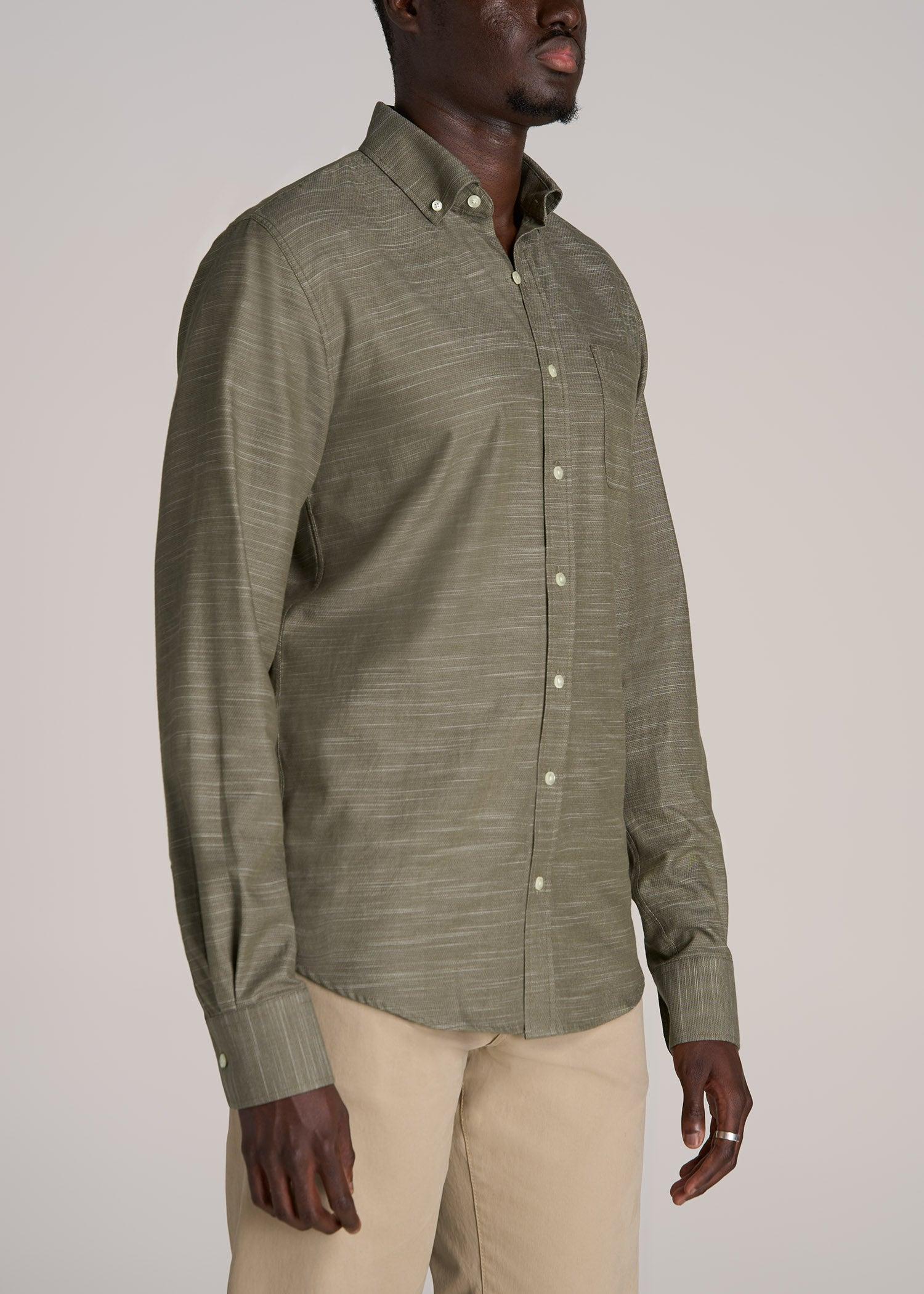 Textured Weave Cotton Button-Up Shirt for Tall Men in Olive Product Image