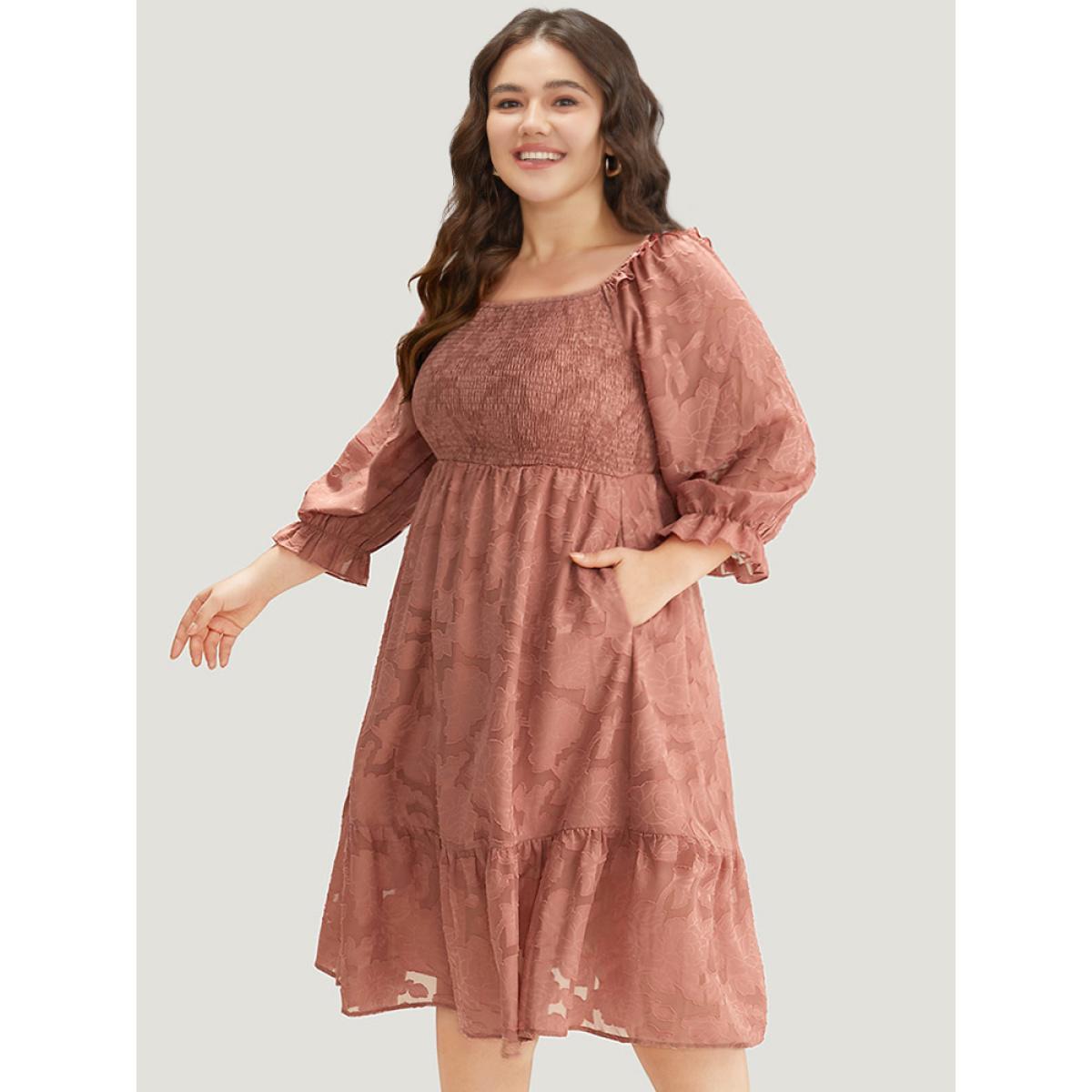 Plus Size Plain Pocket Frill Trim Lantern Sleeve Dress Watermelon Women Elegant Elastic cuffs Square Neck Elbow-length sleeve Curvy Midi Dress BloomChic 18-20/2X Product Image