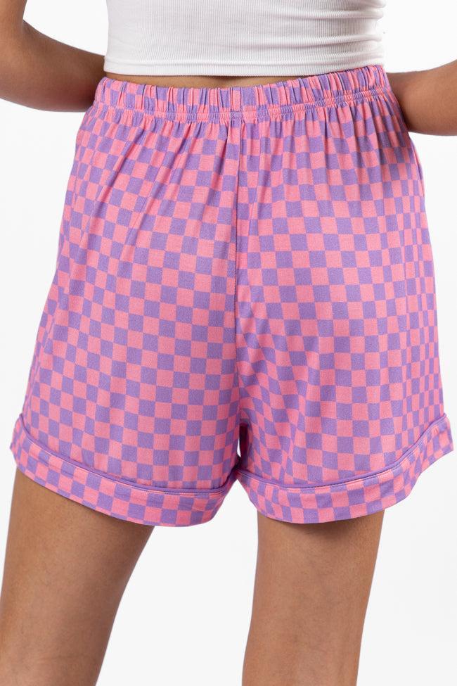 Good To Get Away Light Pink and Lilac Checkered Pajama Shorts Product Image