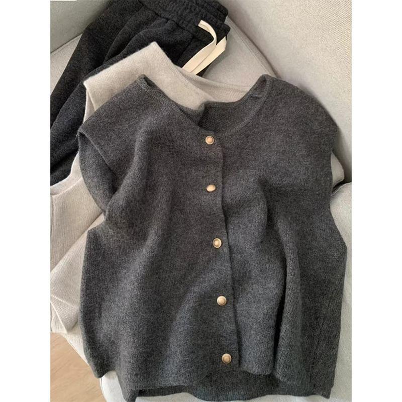 Round Neck Button Up Plain Sweater Vest Product Image