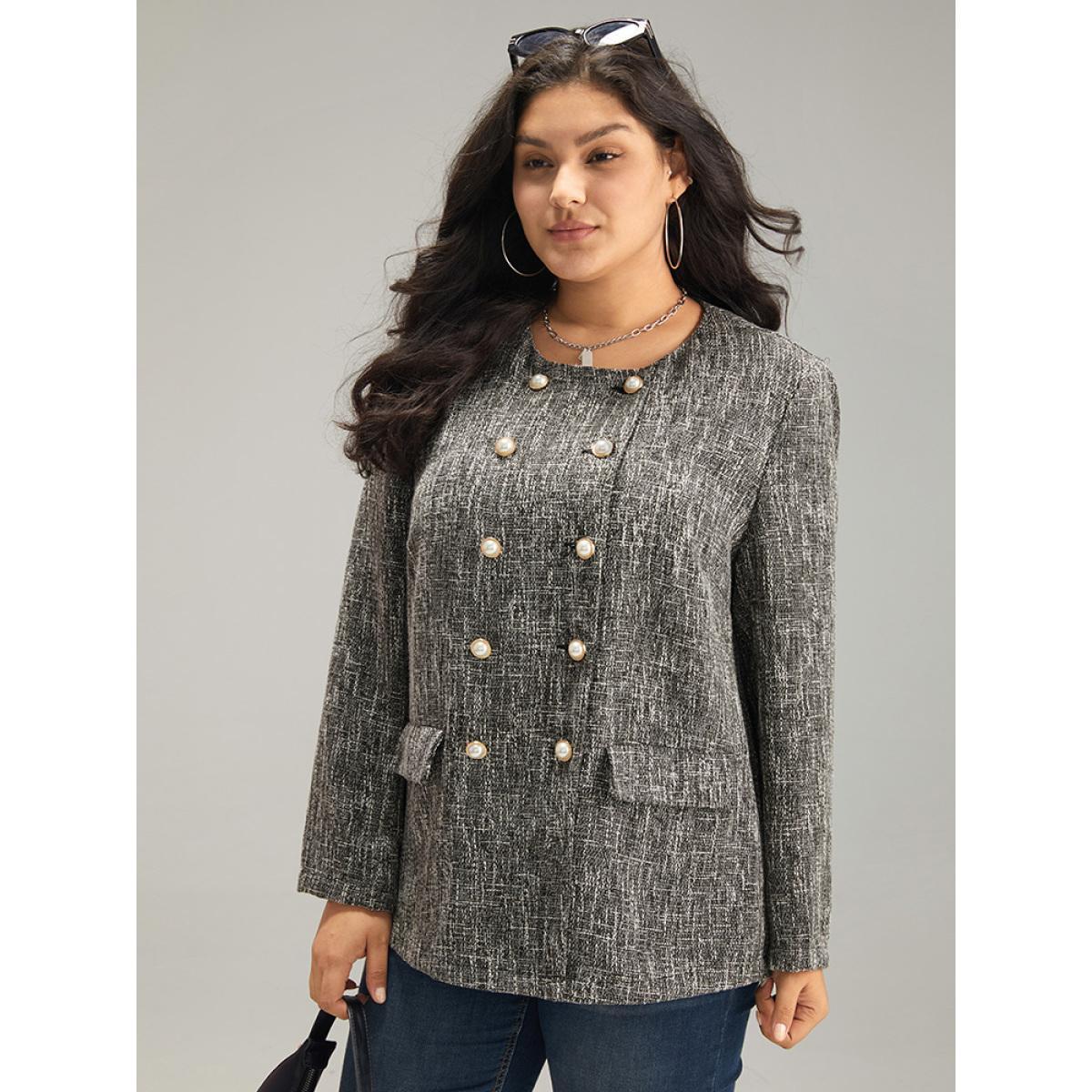 Plus Size Tweed Plisse Double Breasted Flap Pocket Coat Women Black Casual Texture Ladies Dailywear Winter Coats BloomChic 18-20/2X Product Image