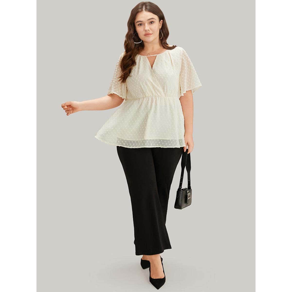 Plus Size Ivory Polka Dot Keyhole Mesh Gathered Flutter Sleeve Blouse Women Office Short sleeve V-neck Work Blouses BloomChic 22-24/3X Product Image