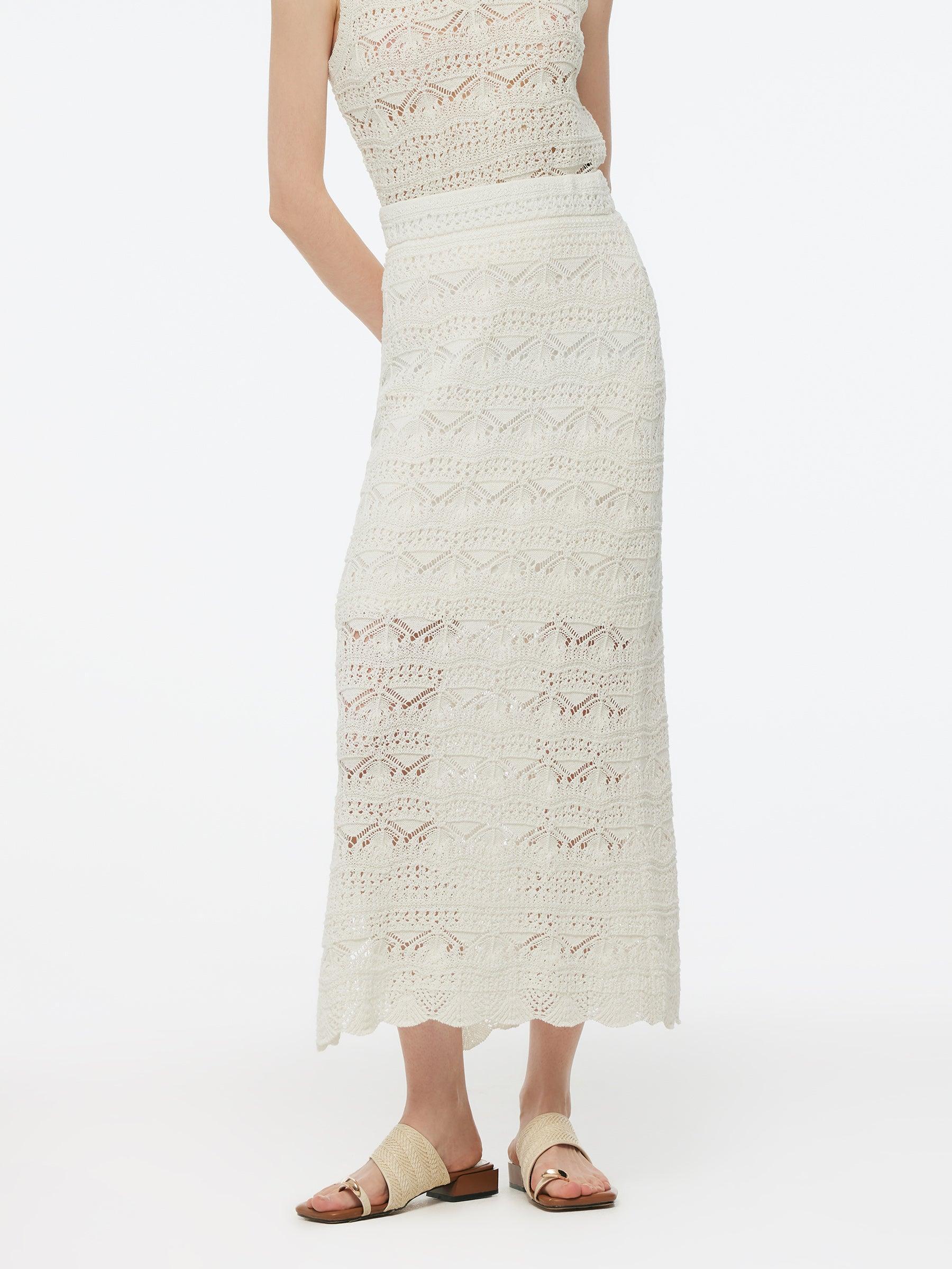 Linen Cotton Blend Women Side Slit Openwork Skirt Product Image