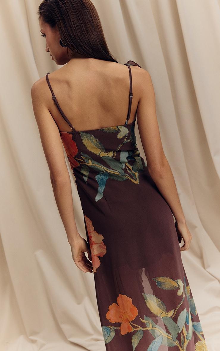 Brown Floral Chiffon Frill Plunge Strappy Maxi Dress Product Image