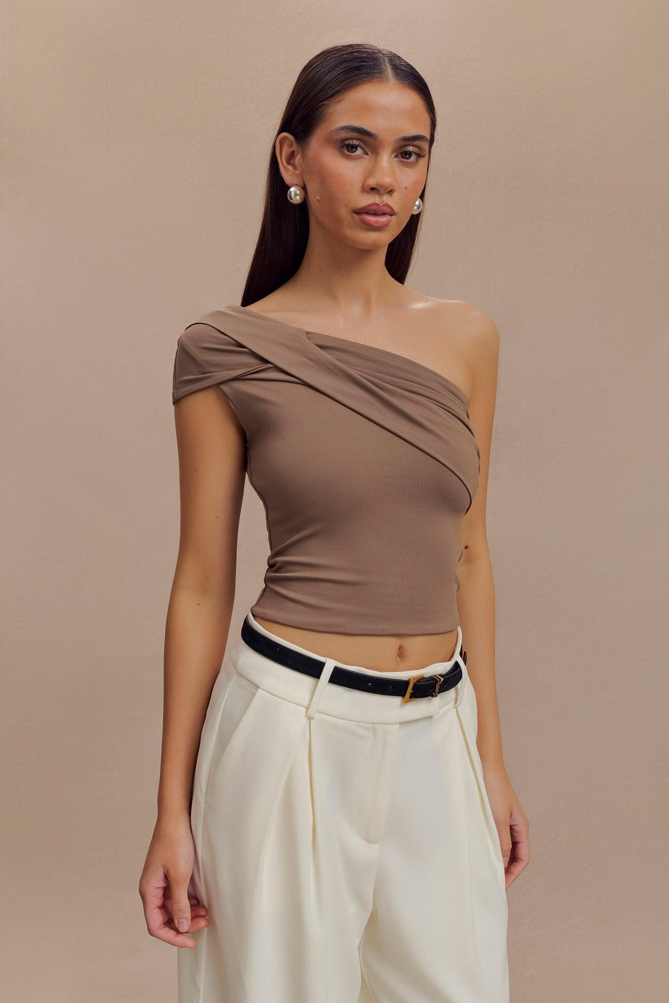 Solene One Shoulder Recycled Nylon Twist Top - Smoke Product Image